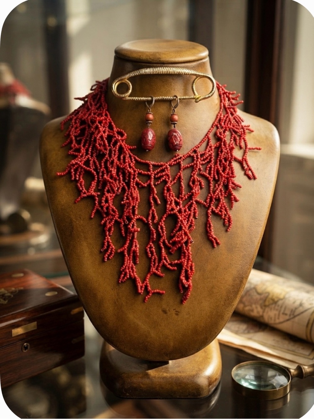 Sterna Jewelry - seed-beaded coral necklace with vintage cinnabar earrings